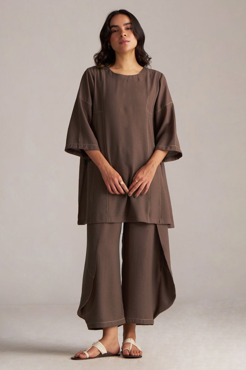 Woman wearing a brown outfit with a plain background, Rain Drum Brown Co-ord Set for Women | Rangmanch | Ganga Fashions