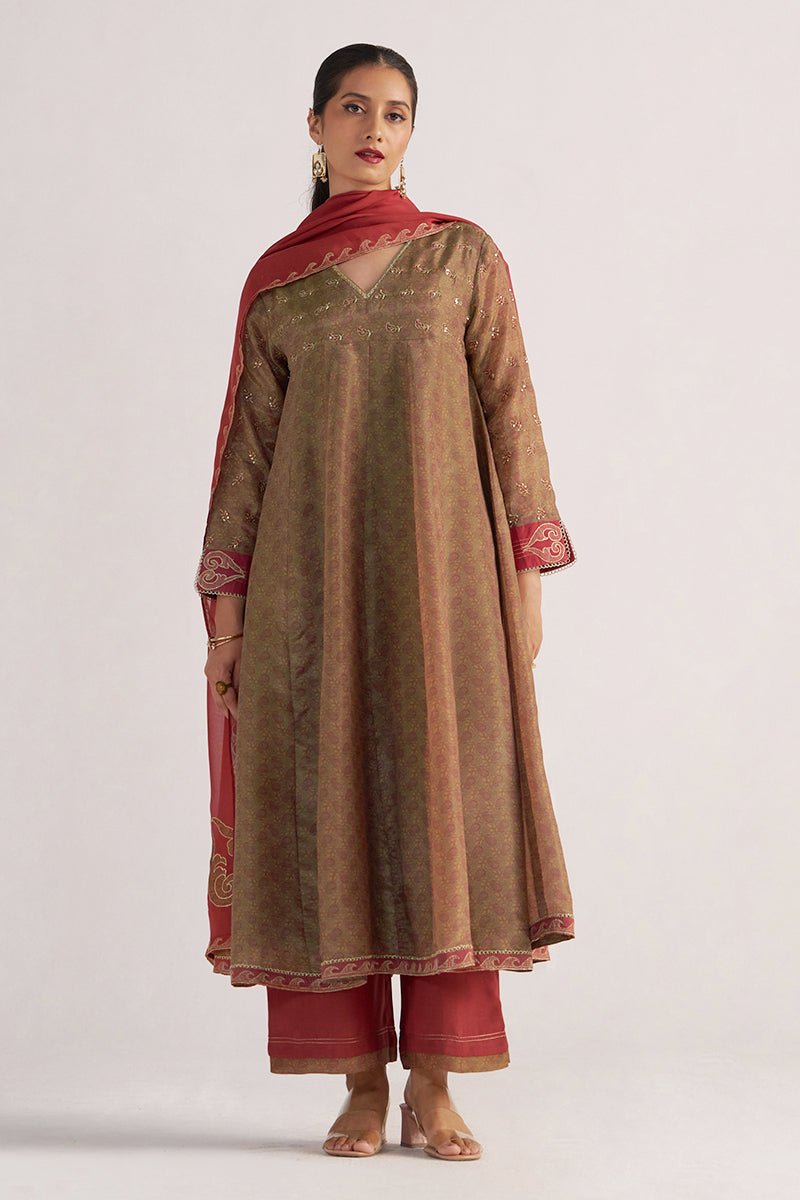 Lark Beige and Dull Maroon Tissue Print Kurta Set