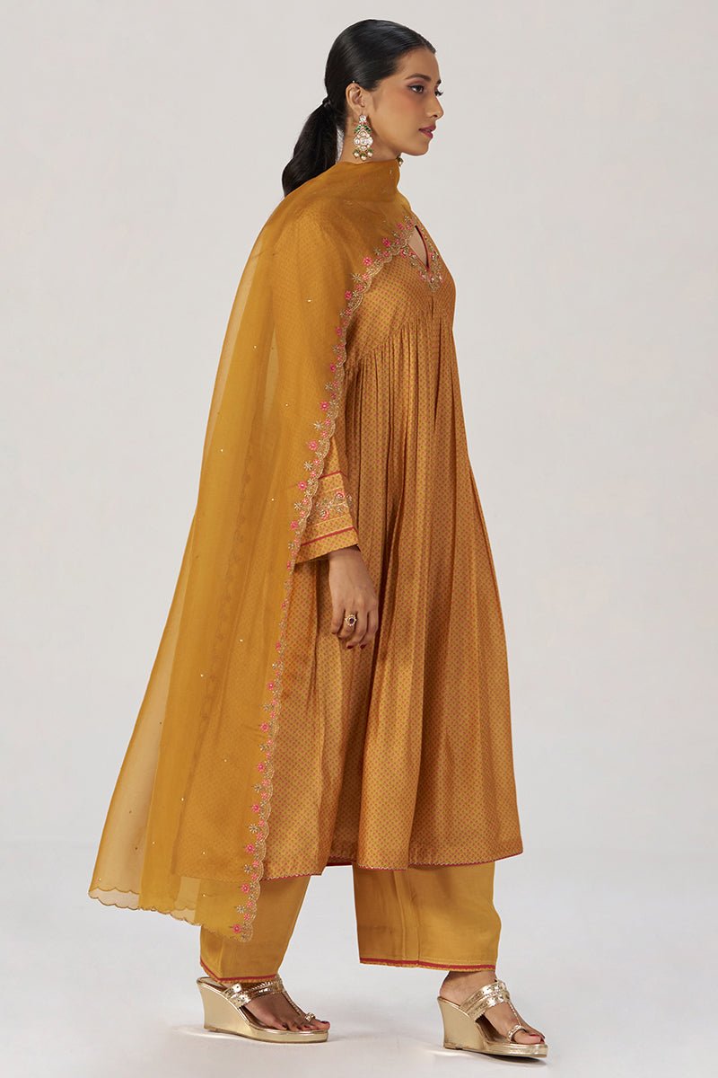 Light Mustard Print and Embroidered Festive Kurta Set - Ganga Fashions