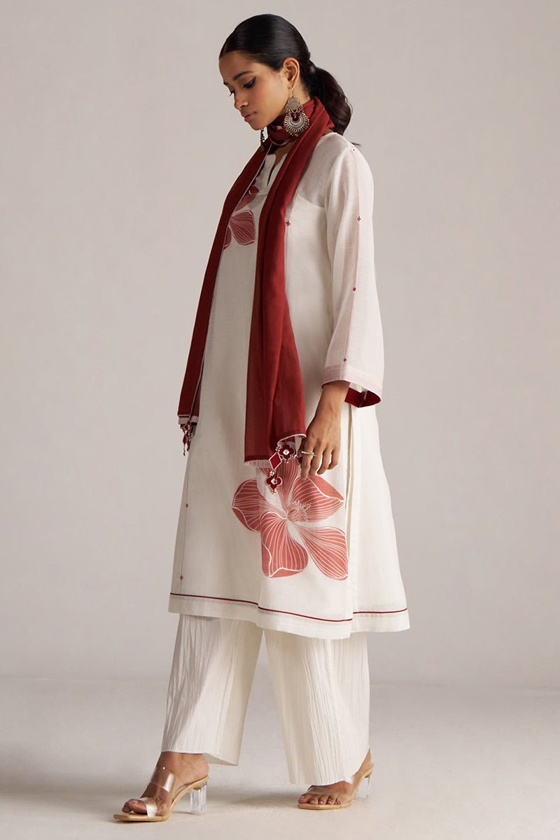 Ivory and Maroon Pure Chanderi Kurta Set