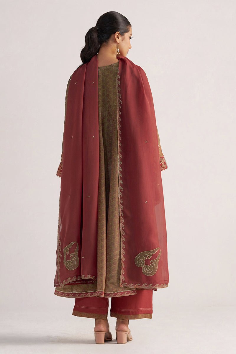Lark Beige and Dull Maroon Tissue Print Kurta Set