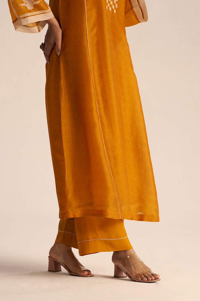 leg side view nugget yellow silk co ord set