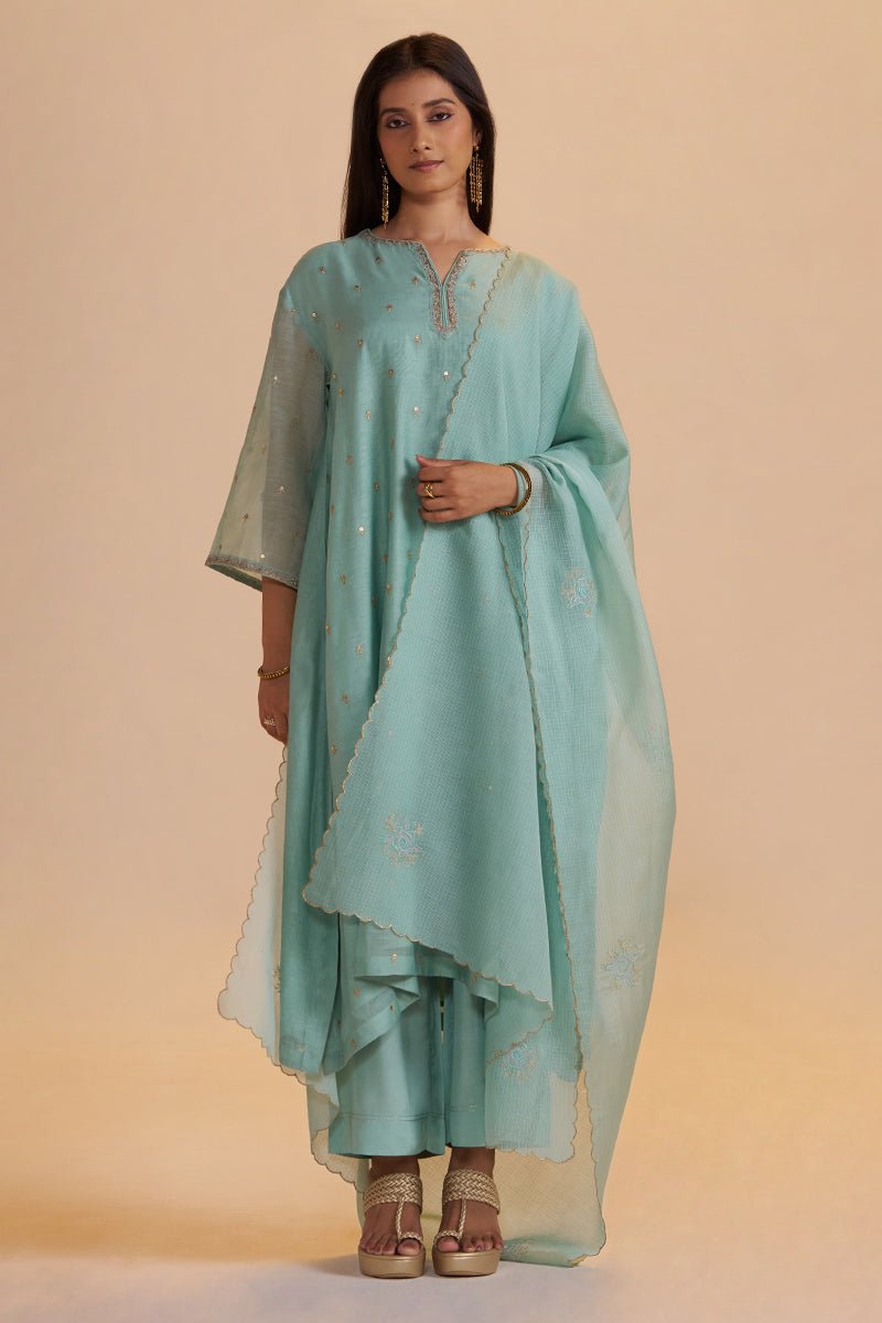 Pale Turquoise Chanderi Silk Festive Kurta Set - Ganga Fashions