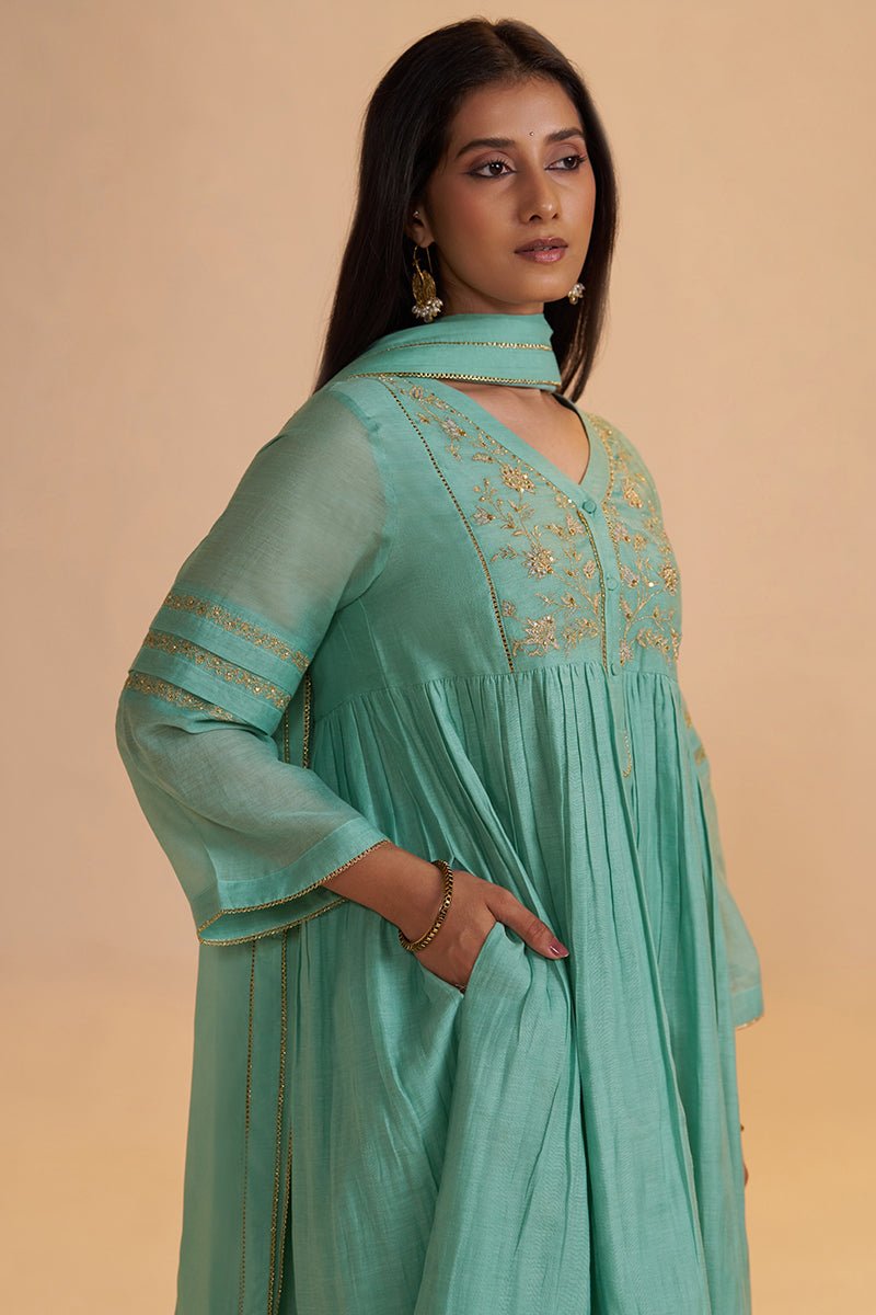 Dusty Jade Green Silk Festive Kurta Set - Ganga Fashions