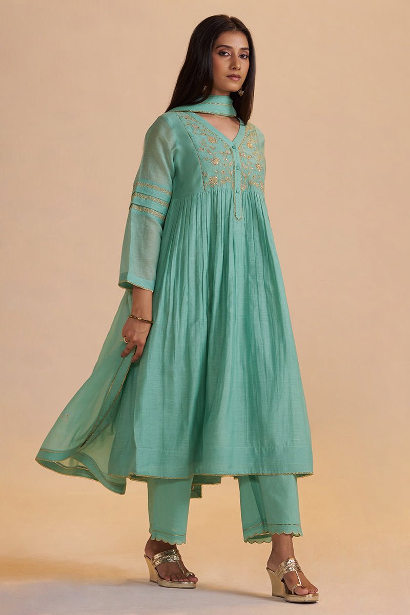 Dusty Jade Green Silk Festive Kurta Set - Ganga Fashions