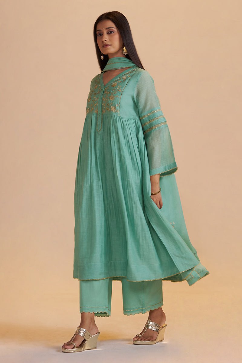Dusty Jade Green Silk Festive Kurta Set - Ganga Fashions
