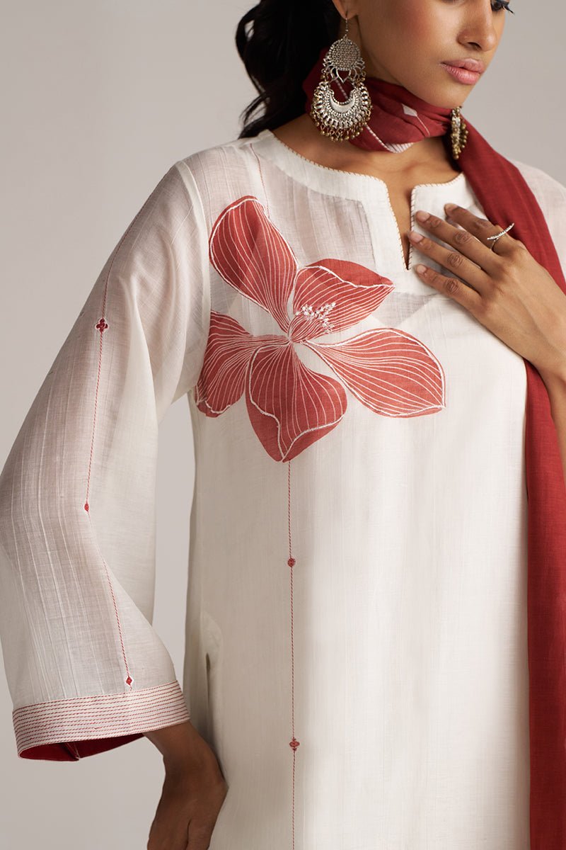 Ivory and Maroon Pure Chanderi Kurta Set