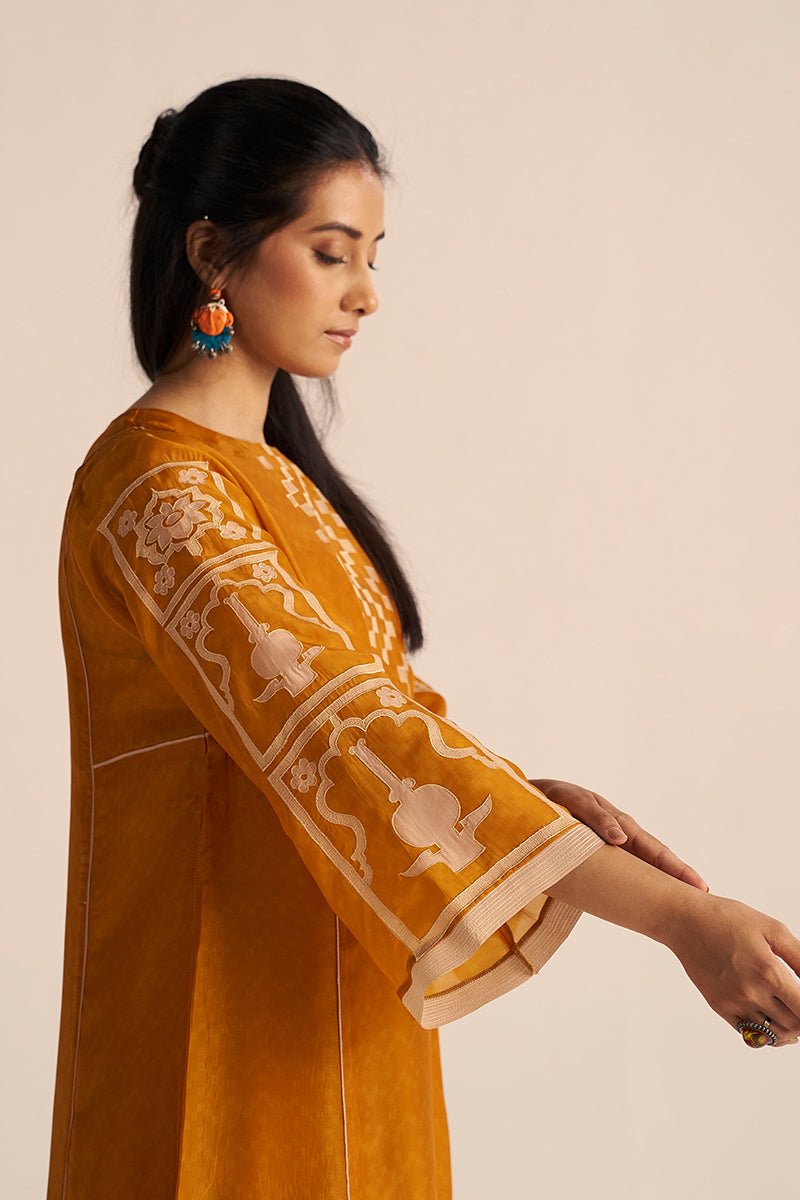 right hand model view nugget yellow silk co ord set