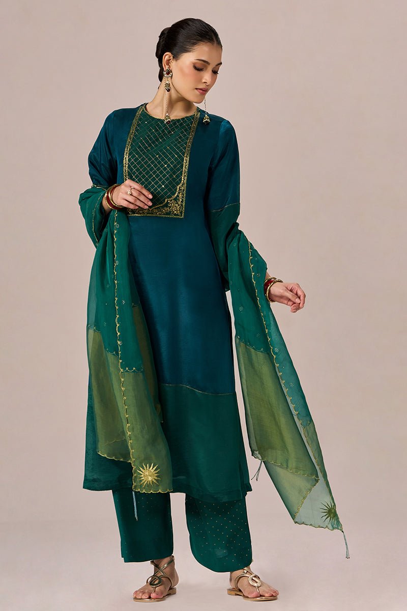 Peacock Blue and Peacock Green Festive kurta Set - Ganga Fashions