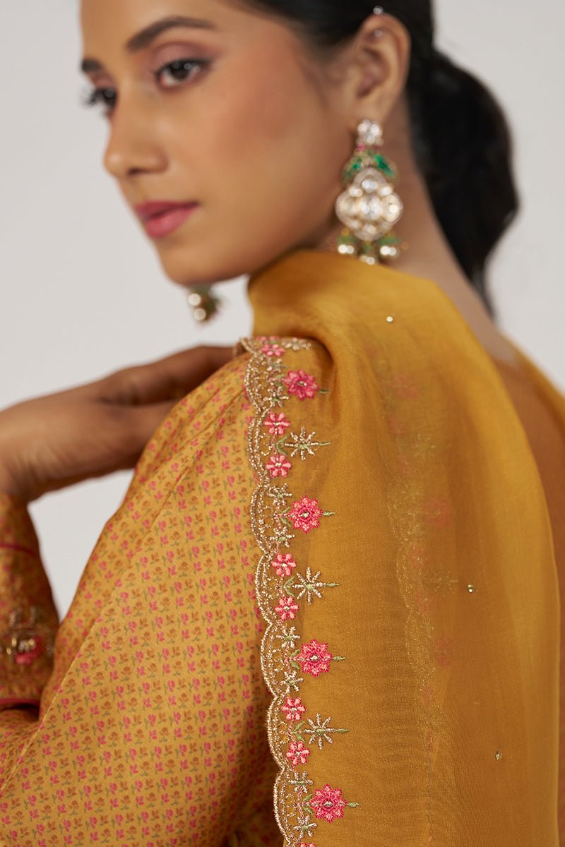 Light Mustard Print and Embroidered Festive Kurta Set - Ganga Fashions