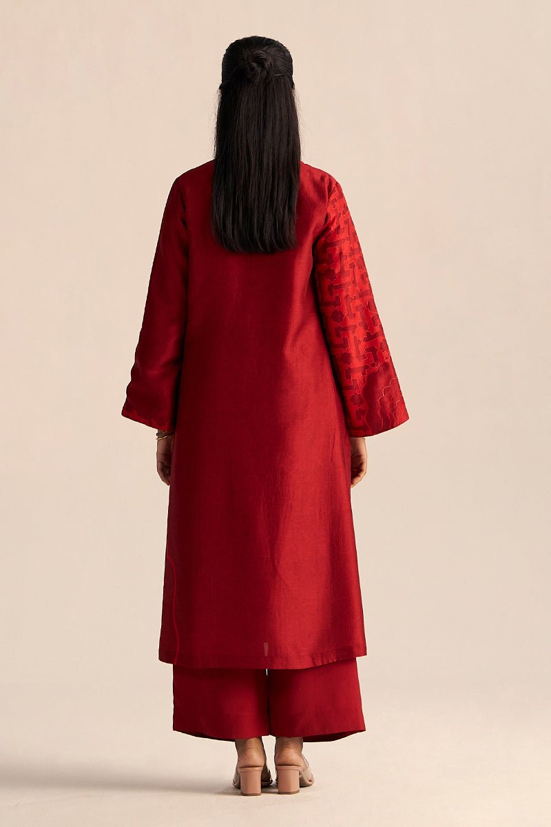 back side full body model view Chilli Pepper Silk Co-ord Set with Bold Embroidery