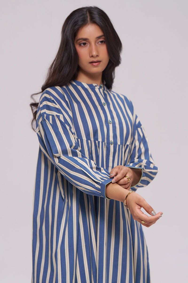 Blue and Cream Striped Cotton Kurta With White Bottom Set