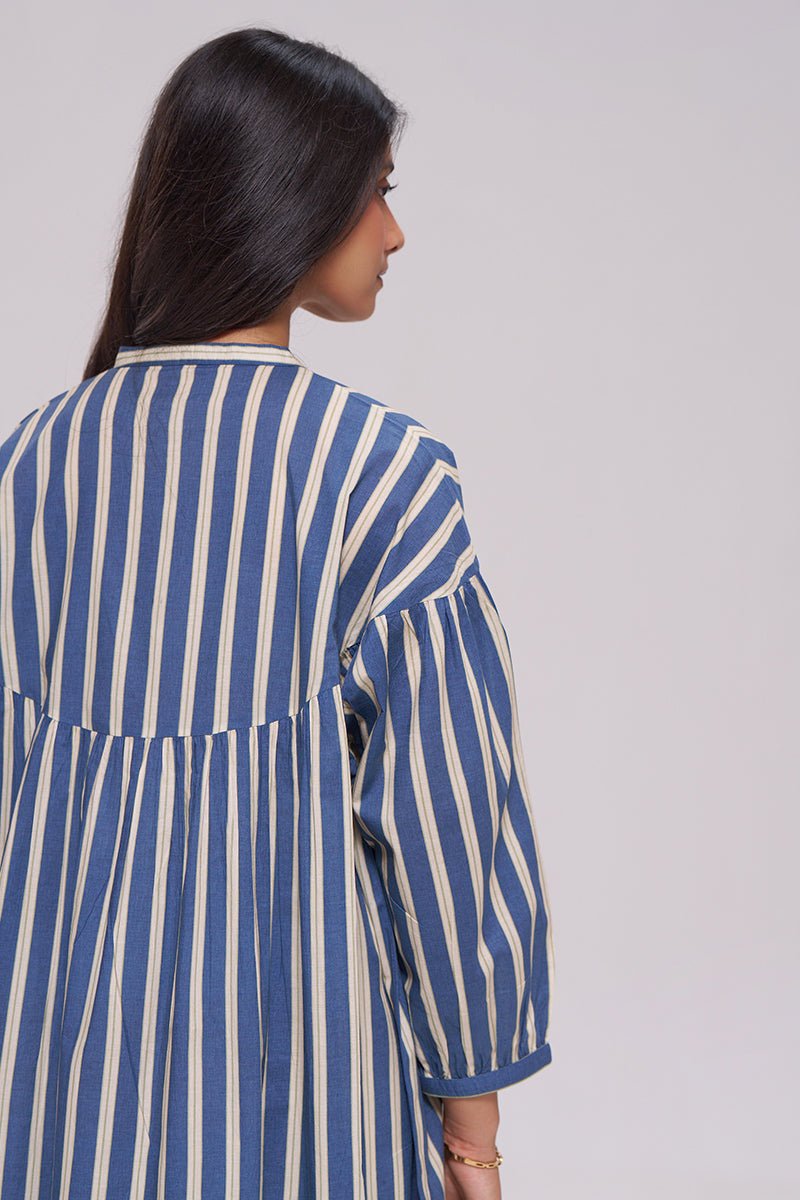 Blue and Cream Striped Cotton Kurta With White Bottom Set
