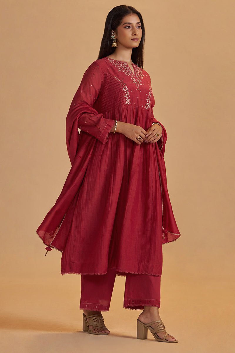 Rich Red Chanderi Silk Festive Kurta Set - Ganga Fashions