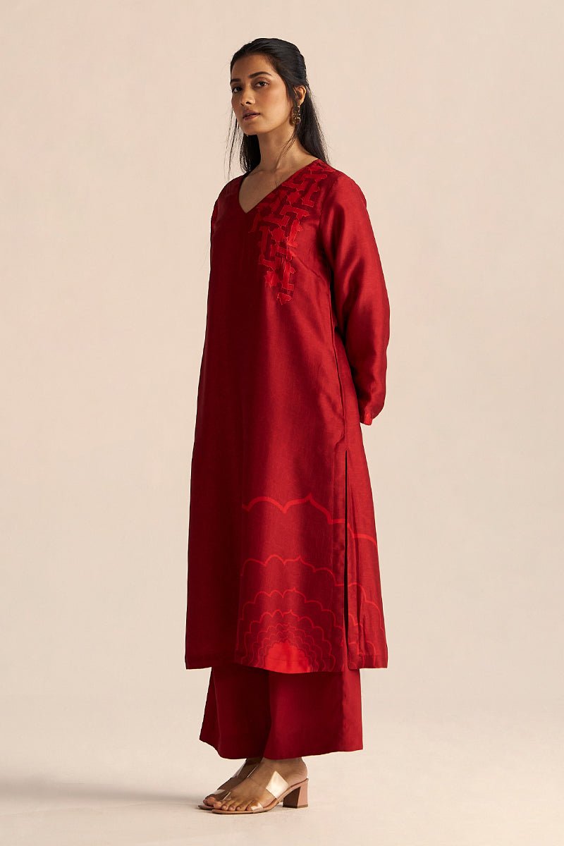 Chilli Pepper Silk Co-ord Set with Bold Embroidery