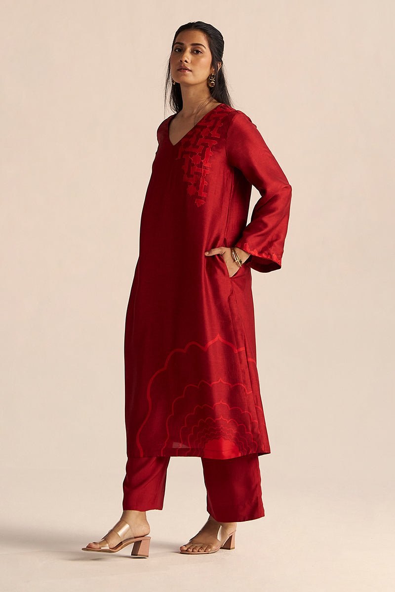 full body Chilli Pepper Silk Co-ord Set with Bold Embroidery