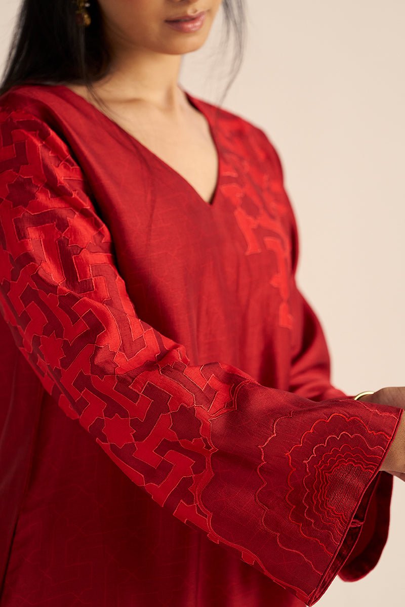 right hand view Chilli Pepper Silk Co-ord Set with Bold Embroidery
