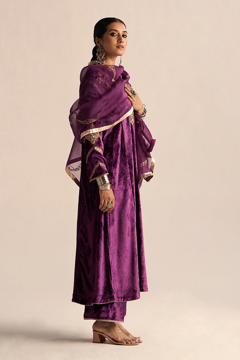 Right Face Side Imperial Purple Velvet Festive Kurta Set