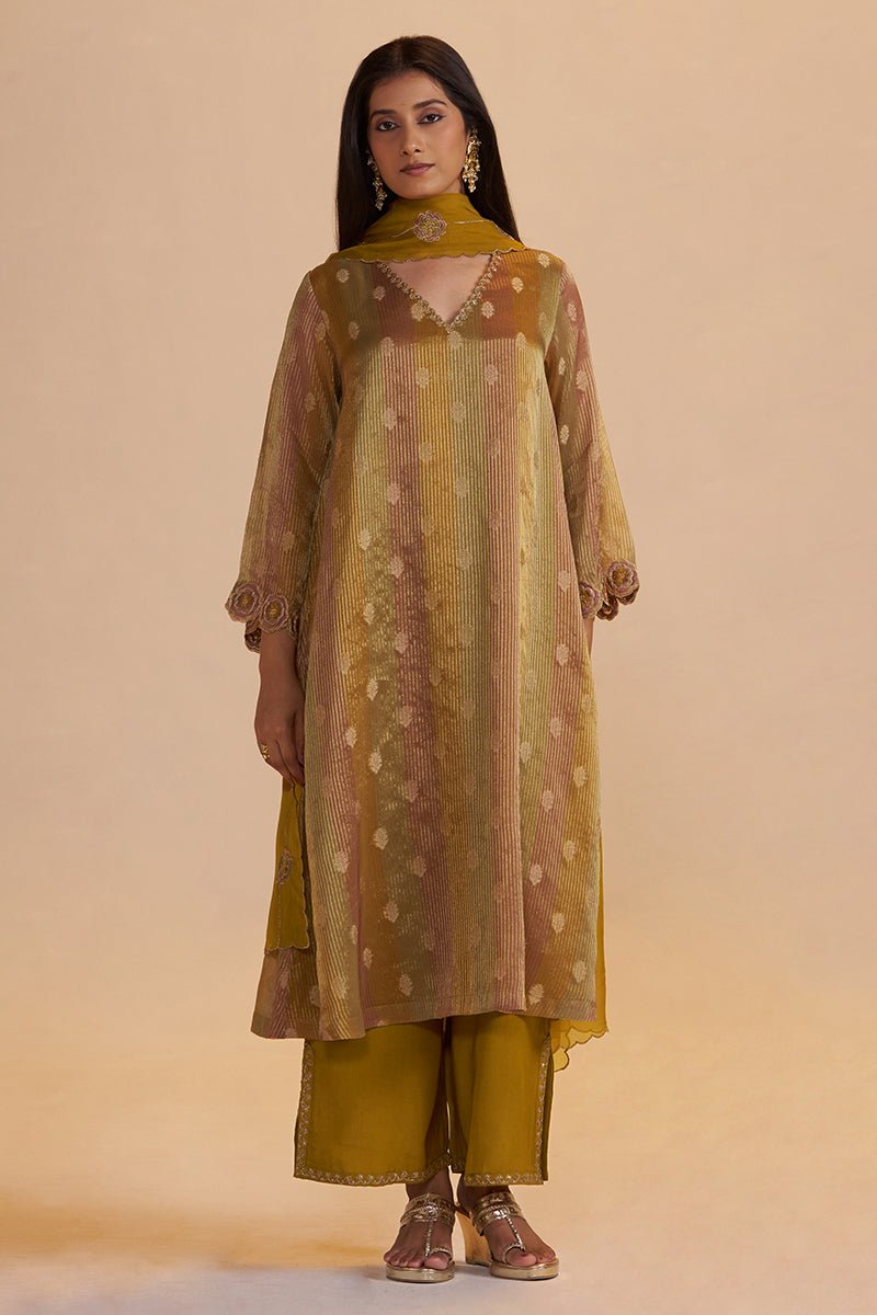 Mustard and Brown Zari Woven Festive Kurta Set - Ganga Fashions