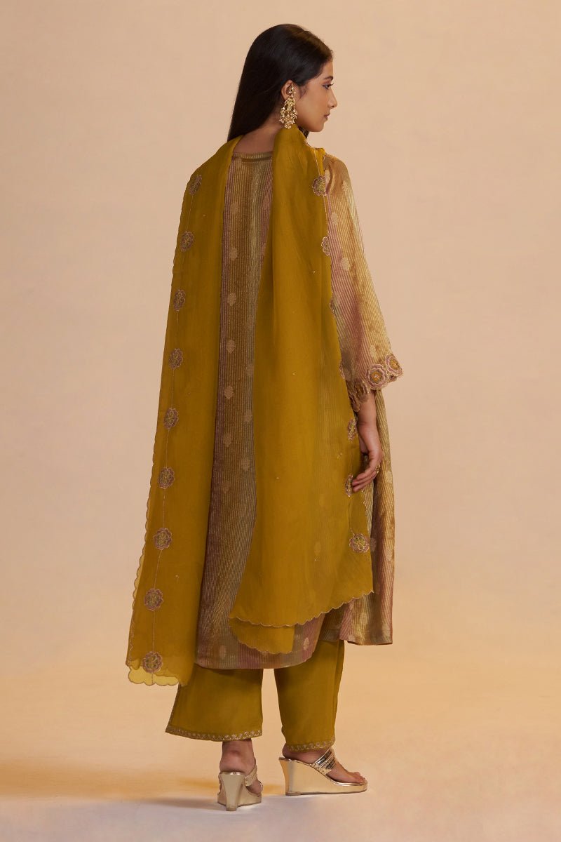 Mustard and Brown Zari Woven Festive Kurta Set - Ganga Fashions