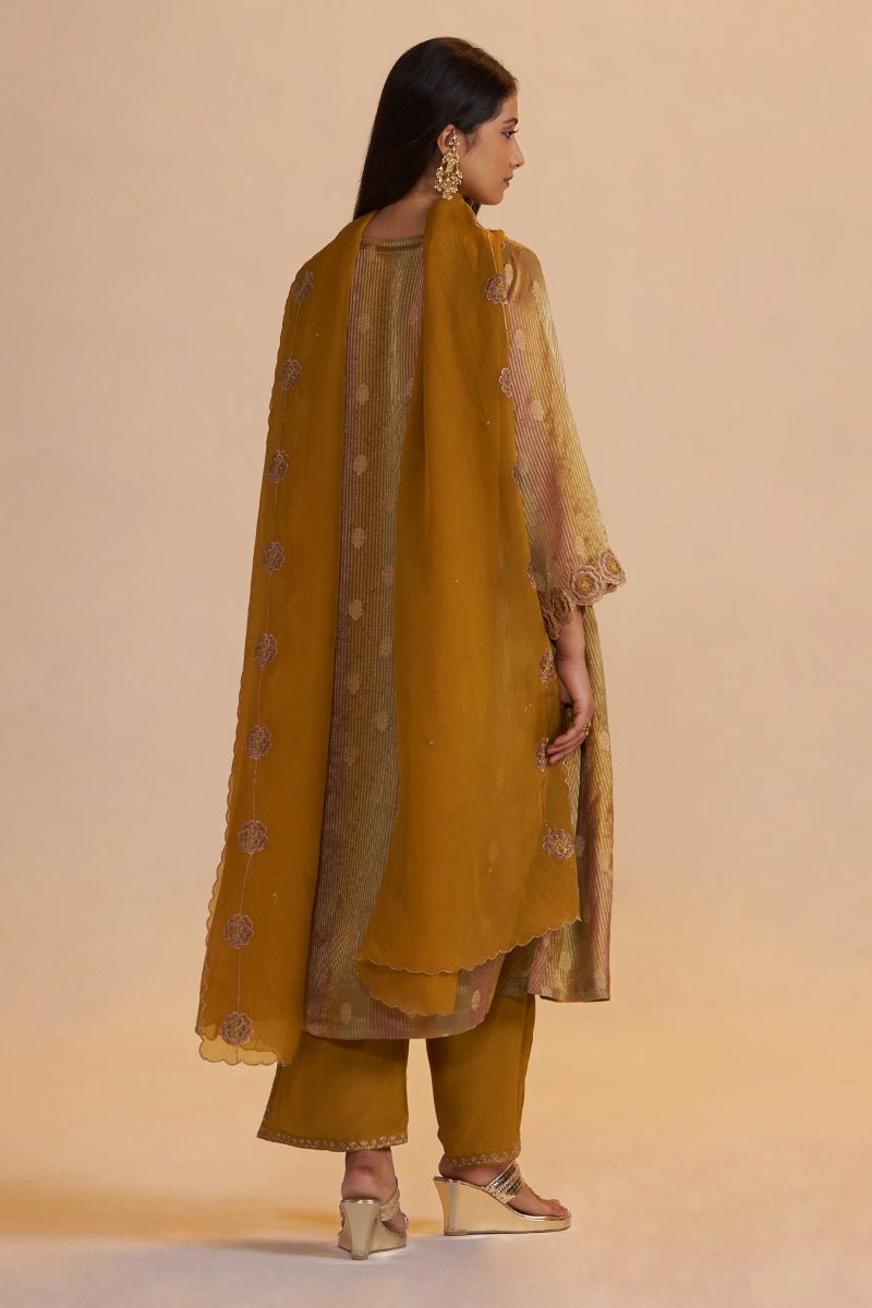 Mustard and Brown Zari Woven Festive Kurta Set - Ganga Fashions