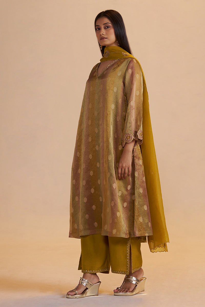 Mustard and Brown Zari Woven Festive Kurta Set - Ganga Fashions