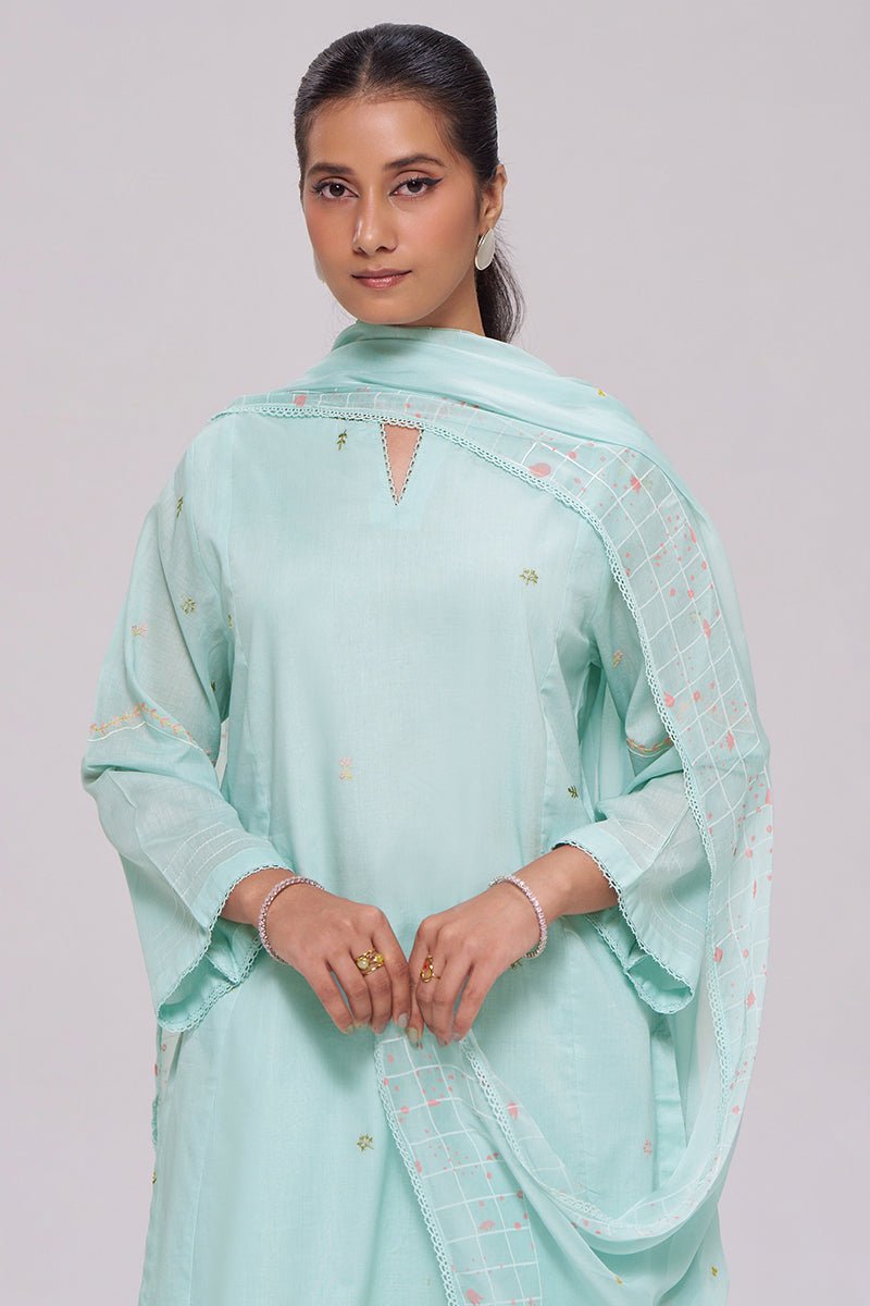 Ice-Blue Mul-Chanderi Kurta Set - Ganga Fashions