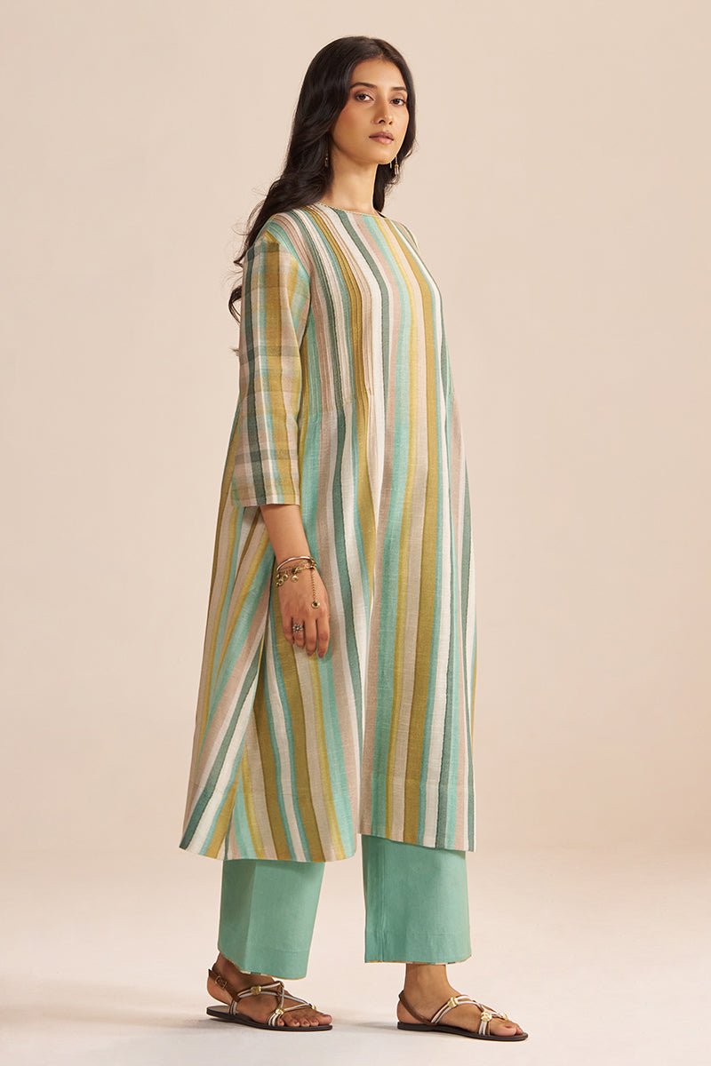 Shades of Teal and Green Stripe Cotton-Linen Co-ord Set - Ganga Fashions