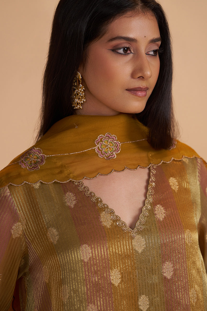 Mustard and Brown Zari Woven Festive Kurta Set