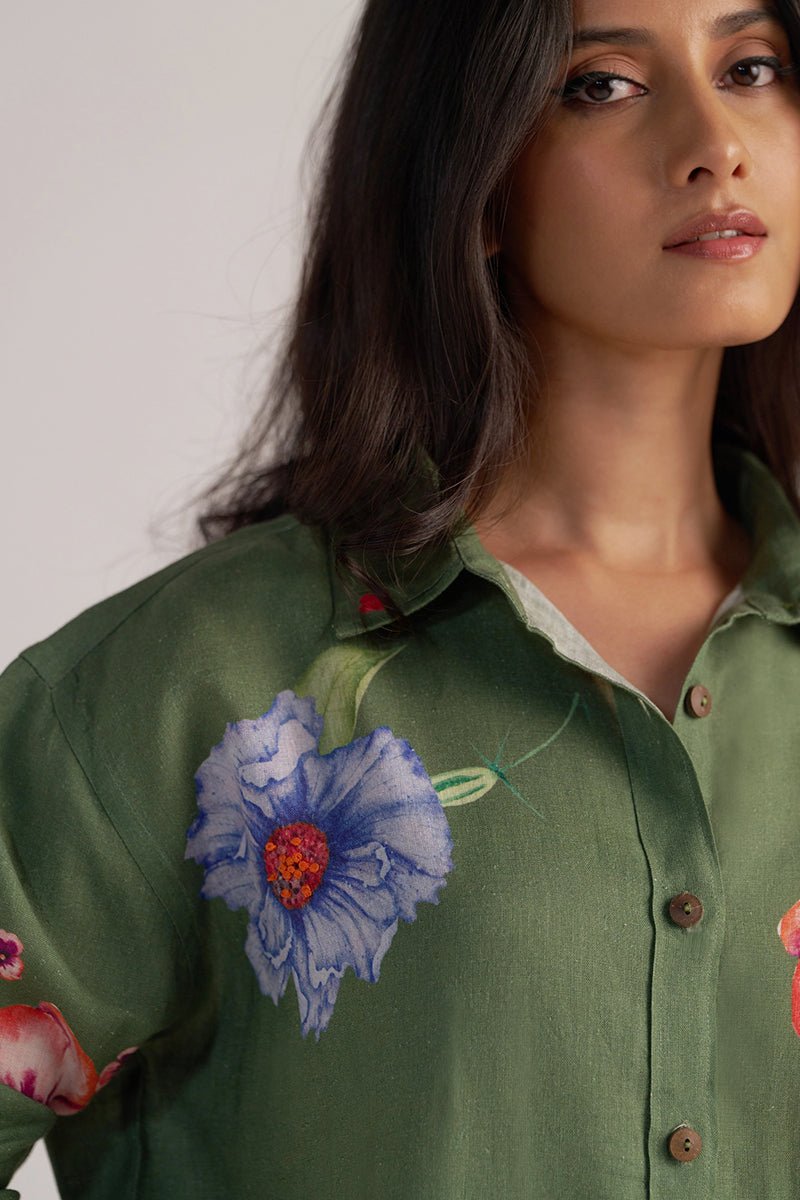 front face view Green Pure Linen Co-ord Set