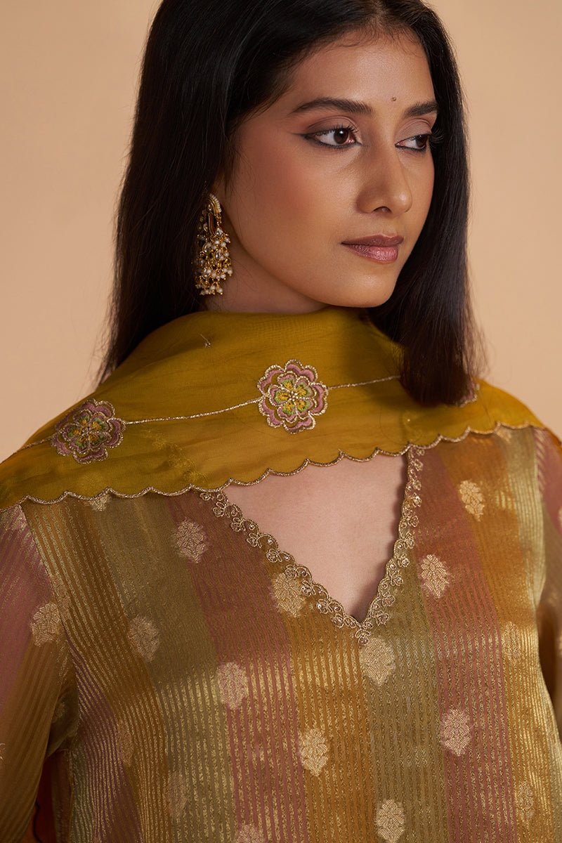 Mustard and Brown Zari Woven Festive Kurta Set - Ganga Fashions