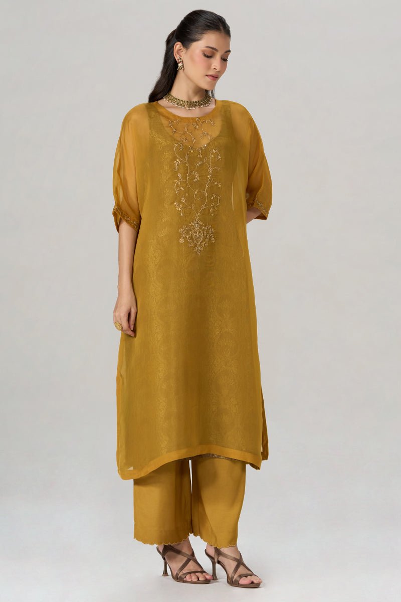 Mustard and Brown Sheer Kurta with Brocade Festive Co-ord Set - Ganga Fashions