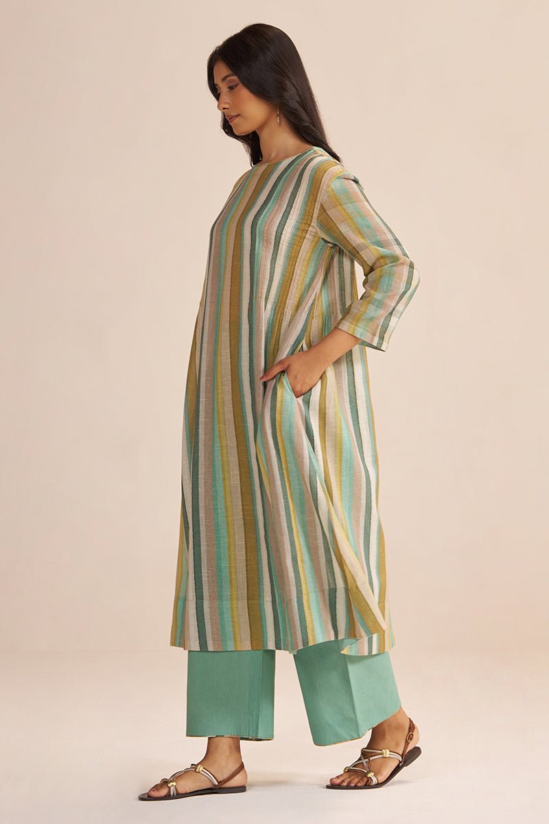Shades of Teal and Green Stripe Cotton-Linen Co-ord Set - Ganga Fashions