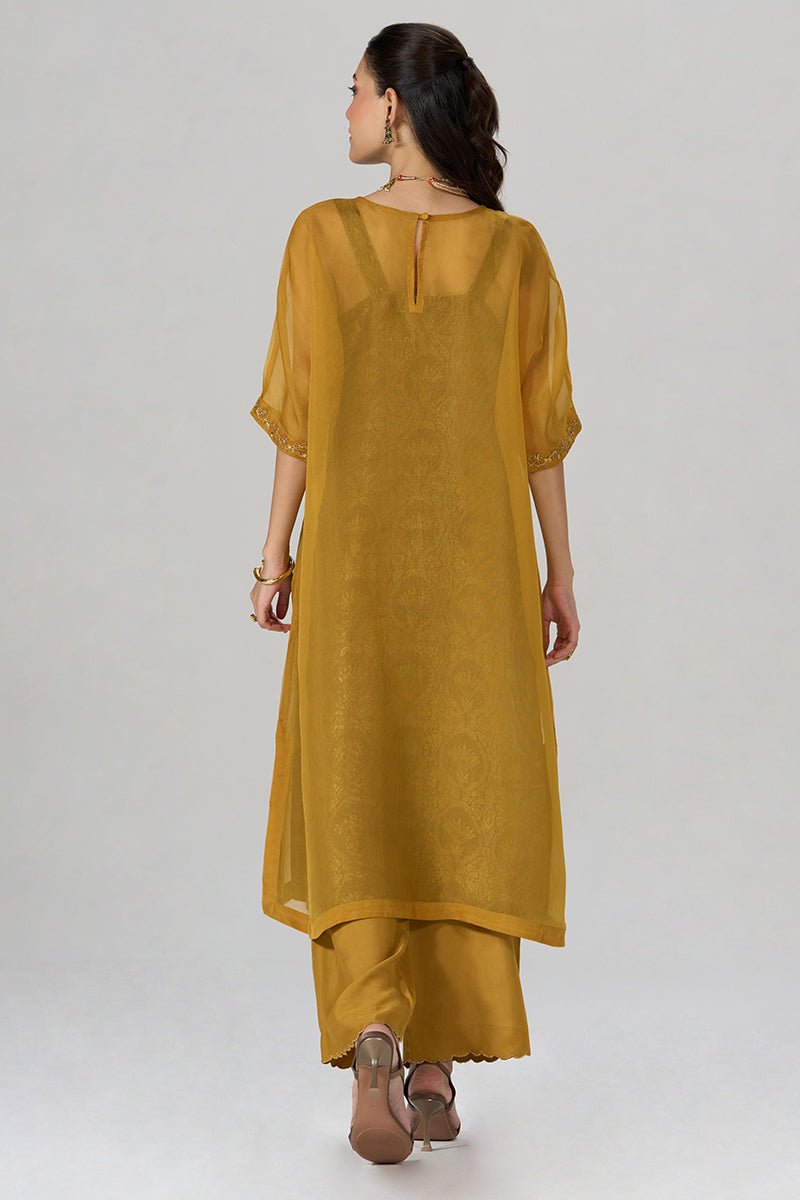 Mustard and Brown Sheer Kurta with Brocade Festive Co-ord Set - Ganga Fashions