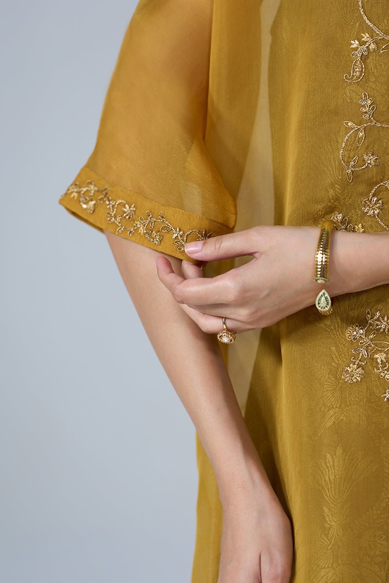 Mustard and Brown Sheer Kurta with Brocade Festive Co-ord Set - Ganga Fashions