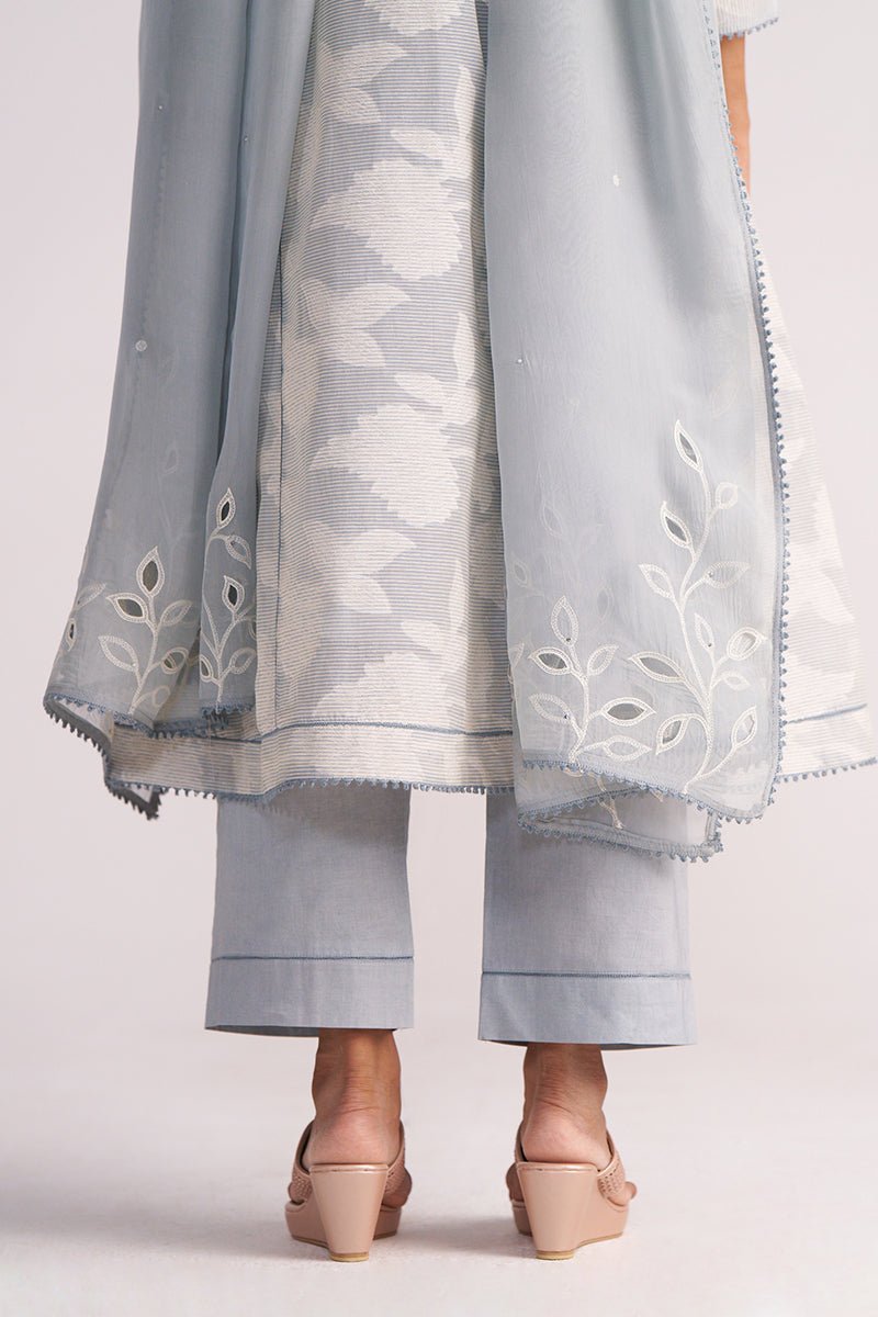Grey Woven Pheran Kurta Set on a plain background
