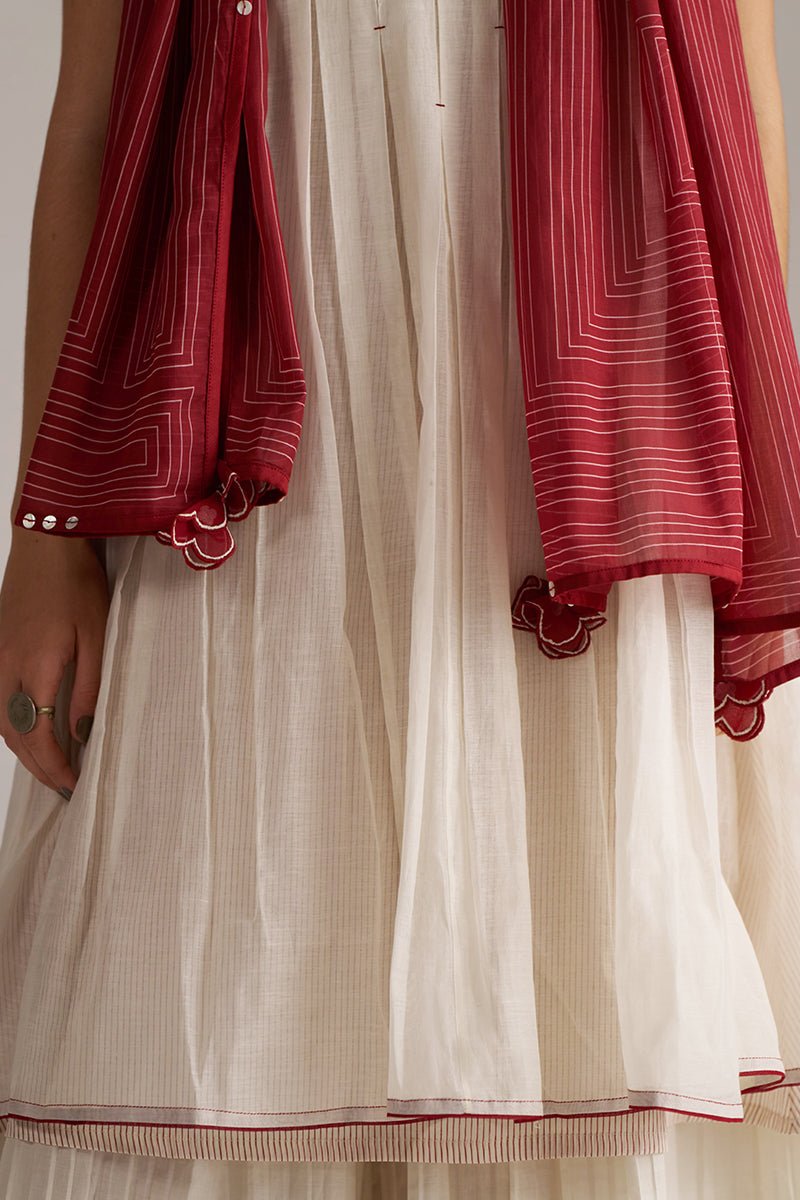 Ivory and Maroon Pure Chanderi Kurta Set