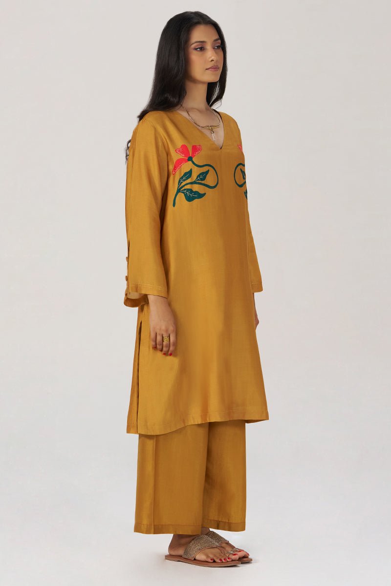 Mustard Floral Silk Festive Co-ord Set - Ganga Fashions