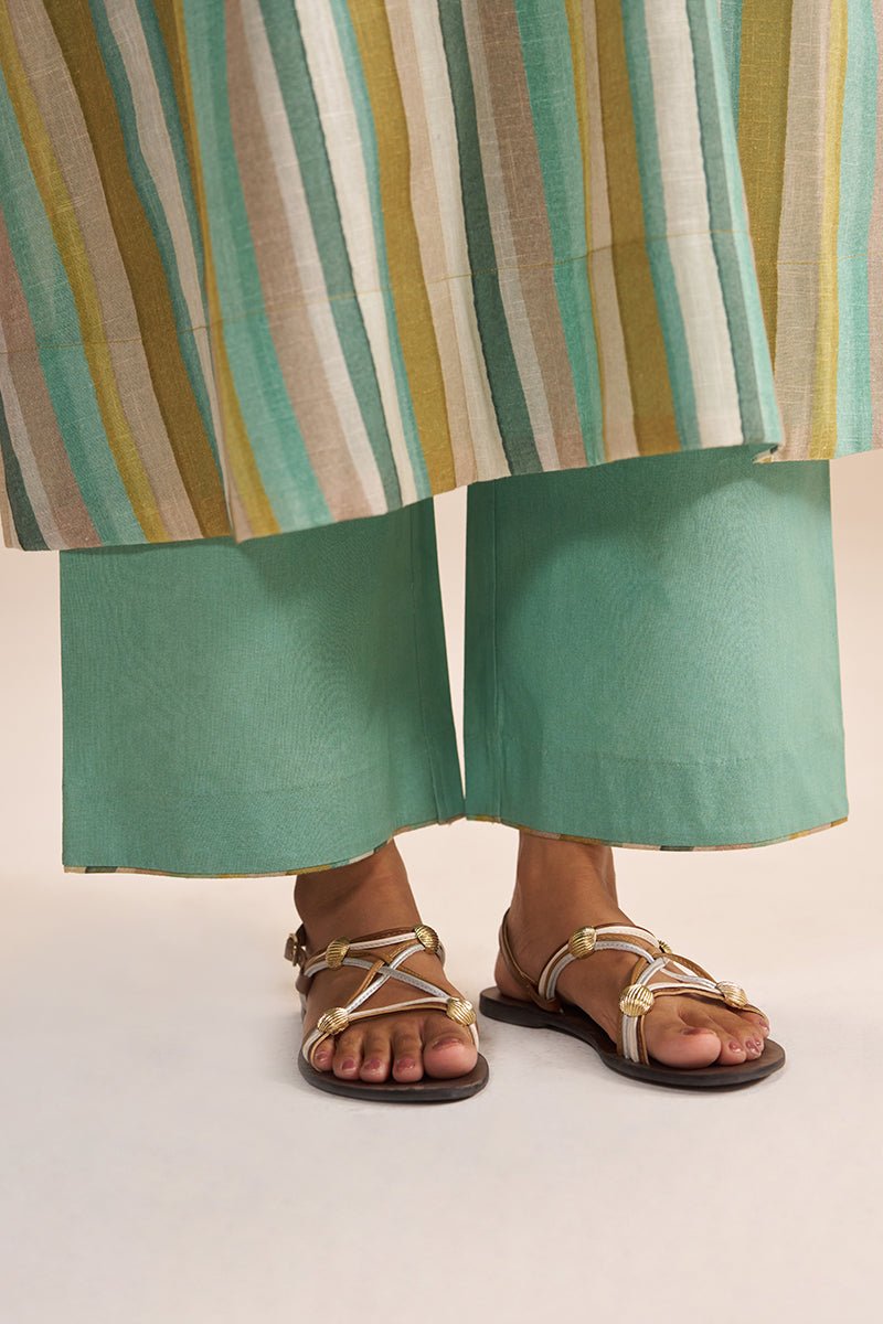 Shades of Teal and Green Stripe Cotton-Linen Co-ord Set - Ganga Fashions
