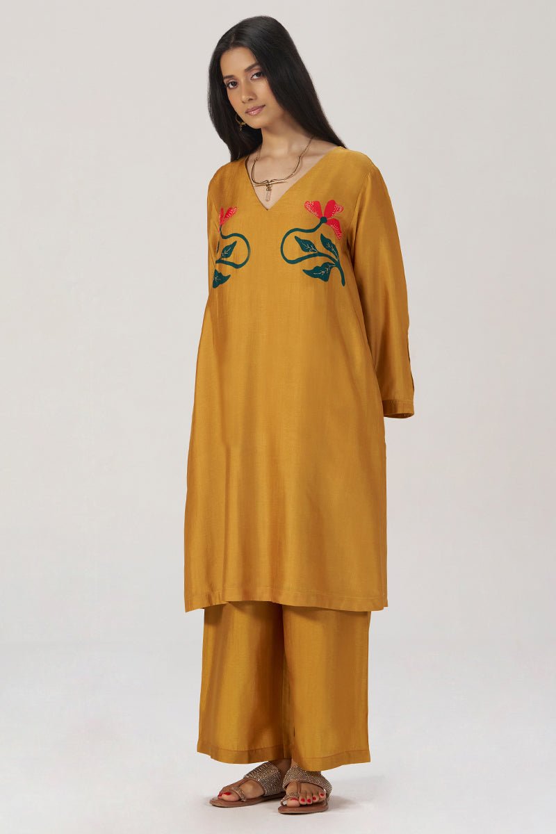 Mustard Floral Silk Festive Co-ord Set - Ganga Fashions