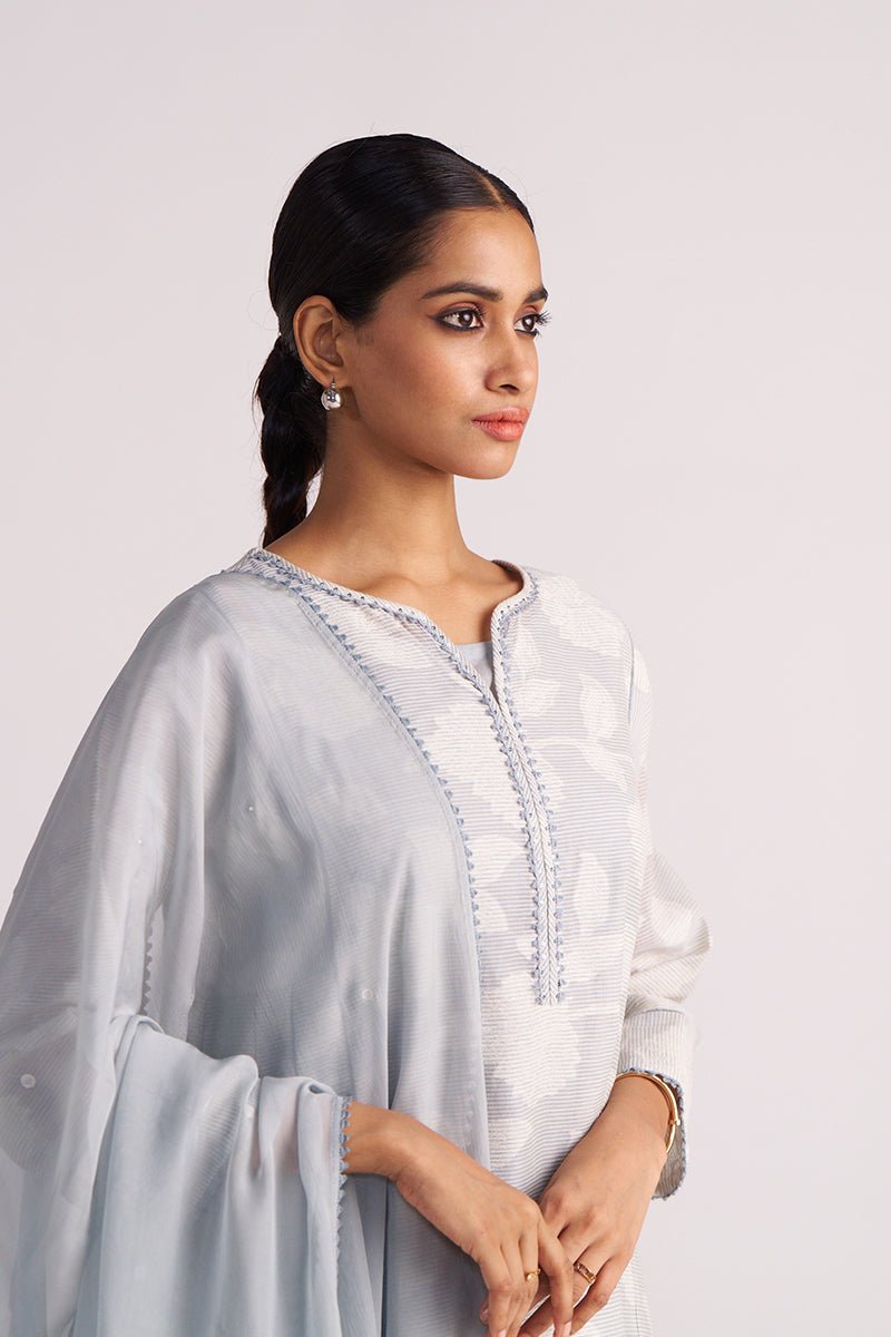 Woman wearing a Grey Woven Pheran Kurta Set outfit with a white background