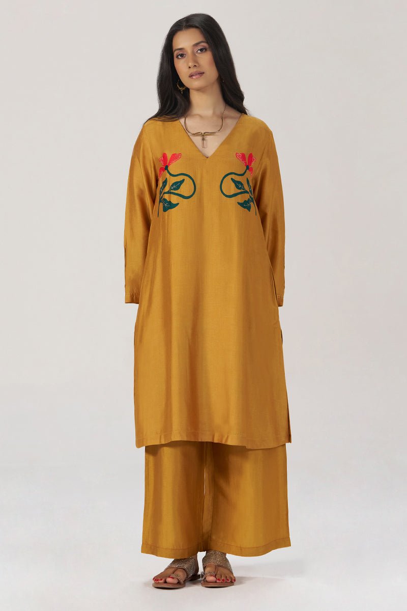 Mustard Floral Silk Festive Co-ord Set - Ganga Fashions