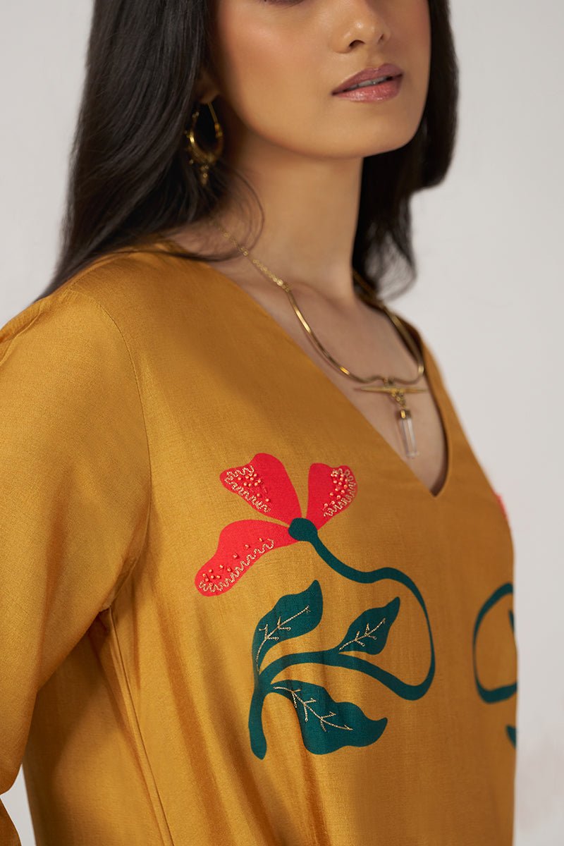 Mustard Floral Silk Festive Co-ord Set - Ganga Fashions