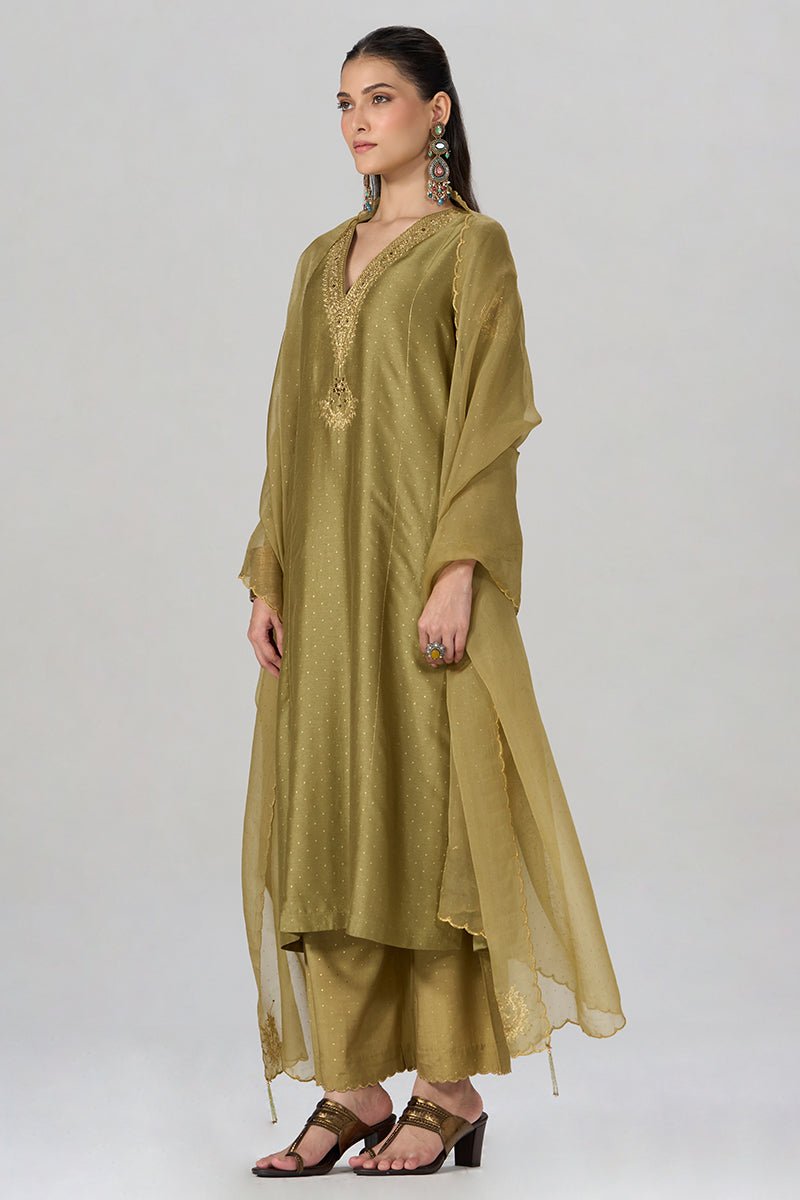 Khaki and Gold Foil Printed Festive Kurta Set - Ganga Fashions