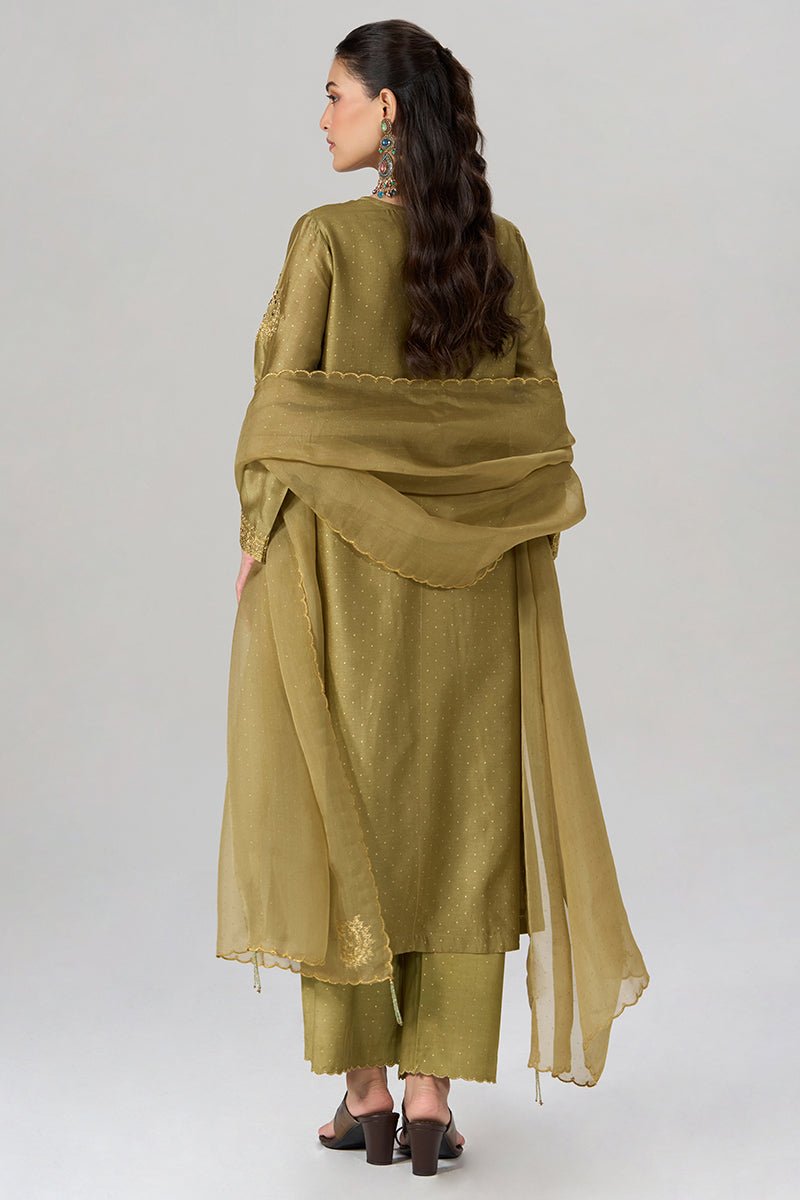 Khaki and Gold Foil Printed Festive Kurta Set - Ganga Fashions