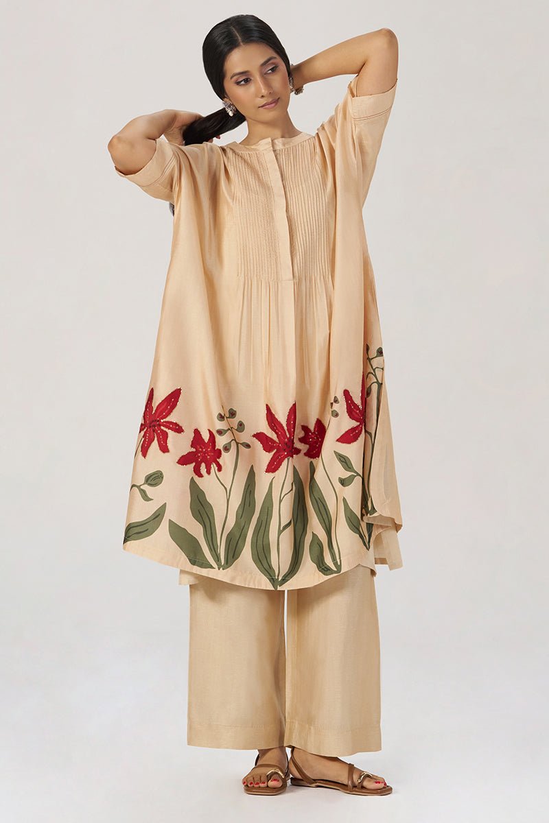 Beige Botanical Silk Festive Co-ord Set - Ganga Fashions