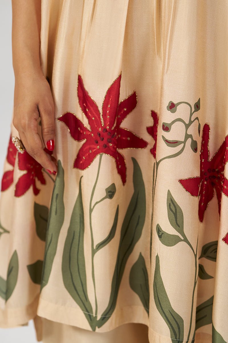Beige Botanical Silk Festive Co-ord Set - Ganga Fashions