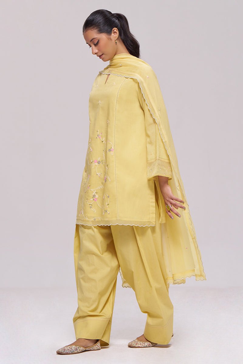 Sulphur Yellow Mul-Chanderi Kurta Set - Ganga Fashions
