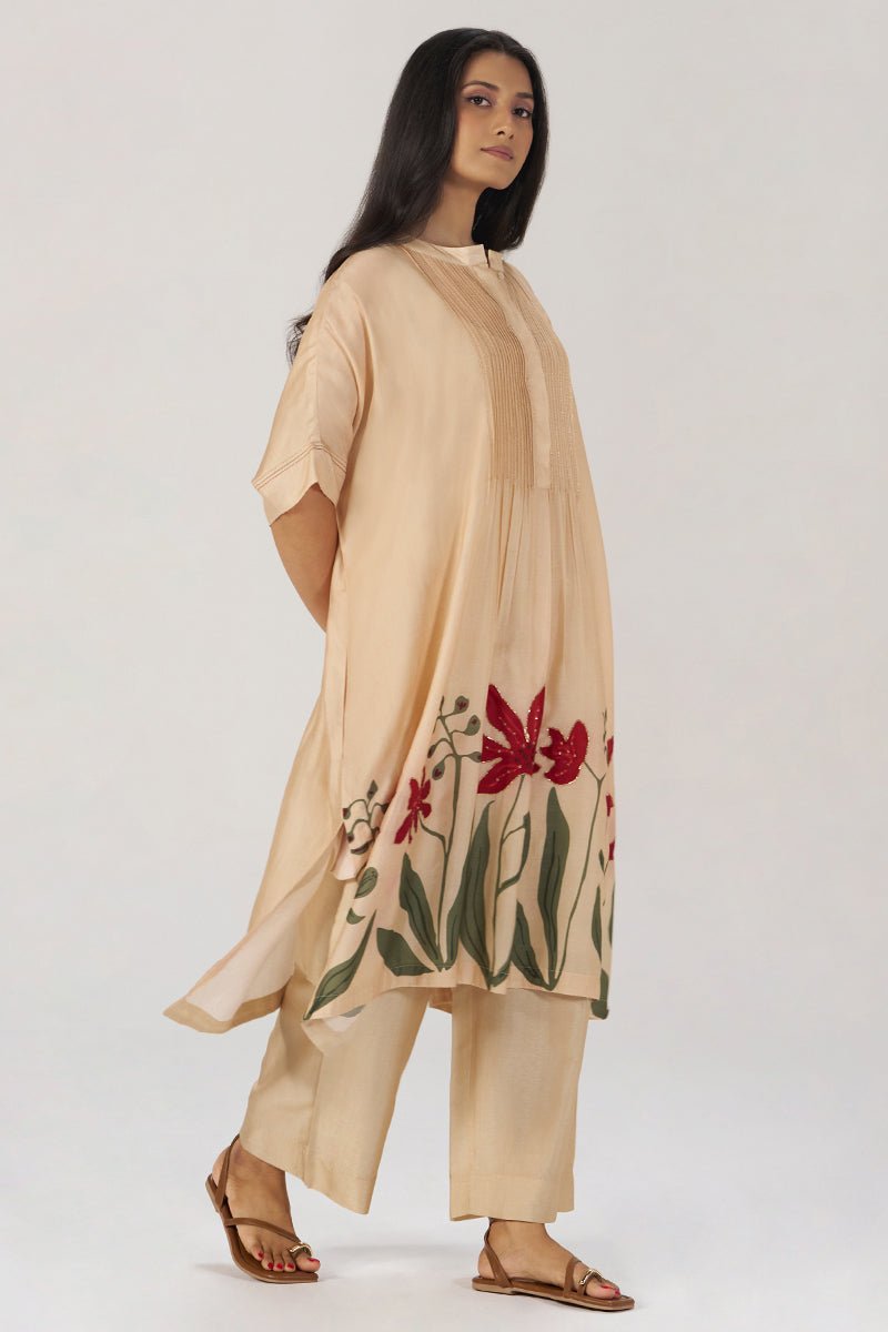 Beige Botanical Silk Festive Co-ord Set - Ganga Fashions