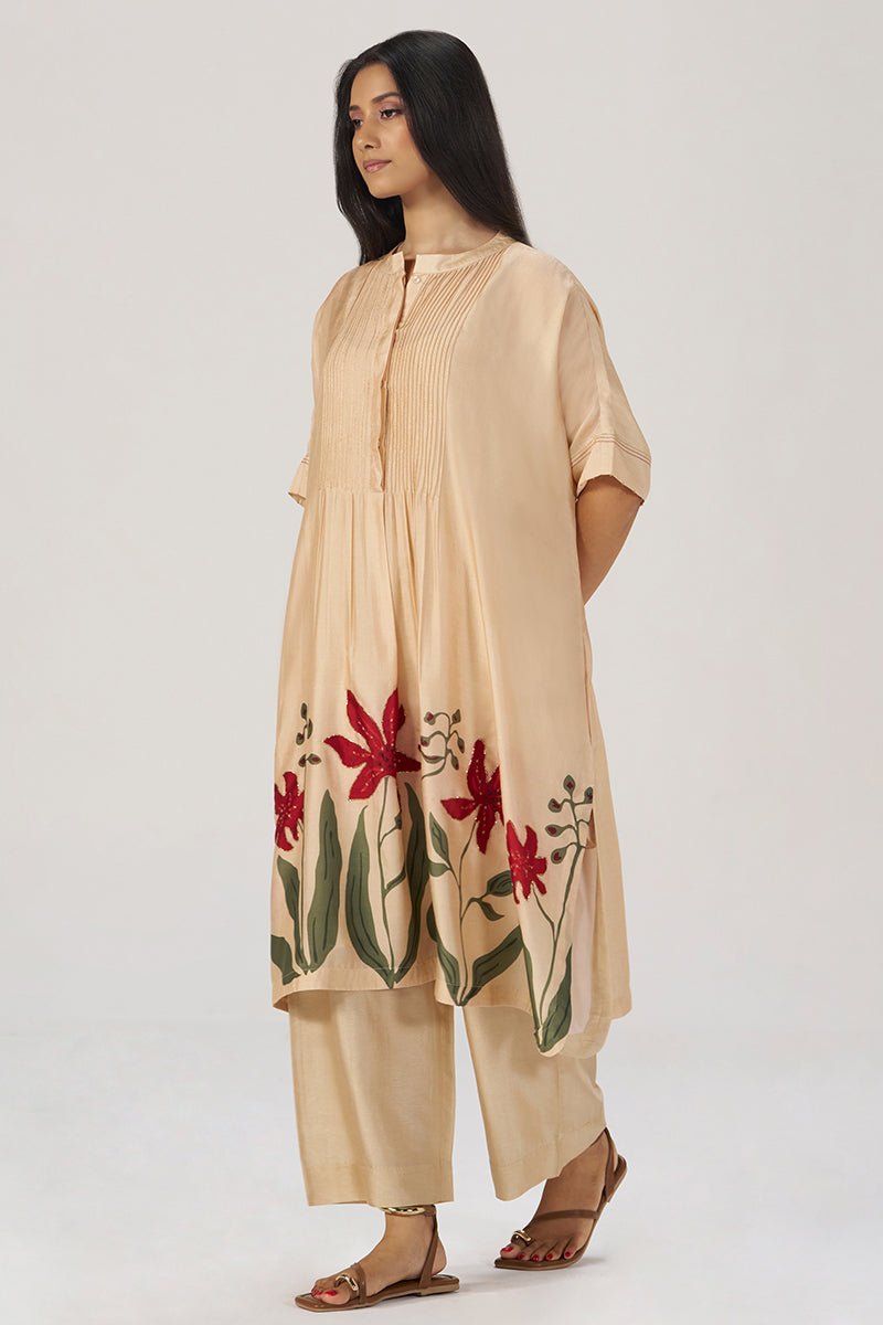 Beige Botanical Silk Festive Co-ord Set - Ganga Fashions